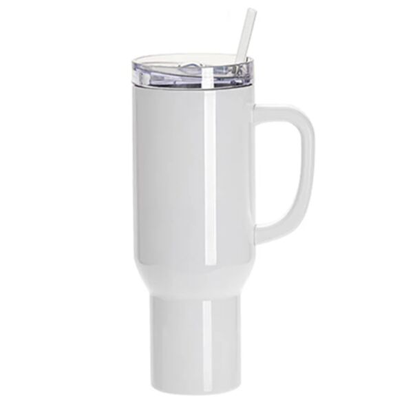 Pearl Coating™ 40oz Sublimation Stainless Steel White Travel Tumbler with Clear Flat Lid & Handle Thumbnail